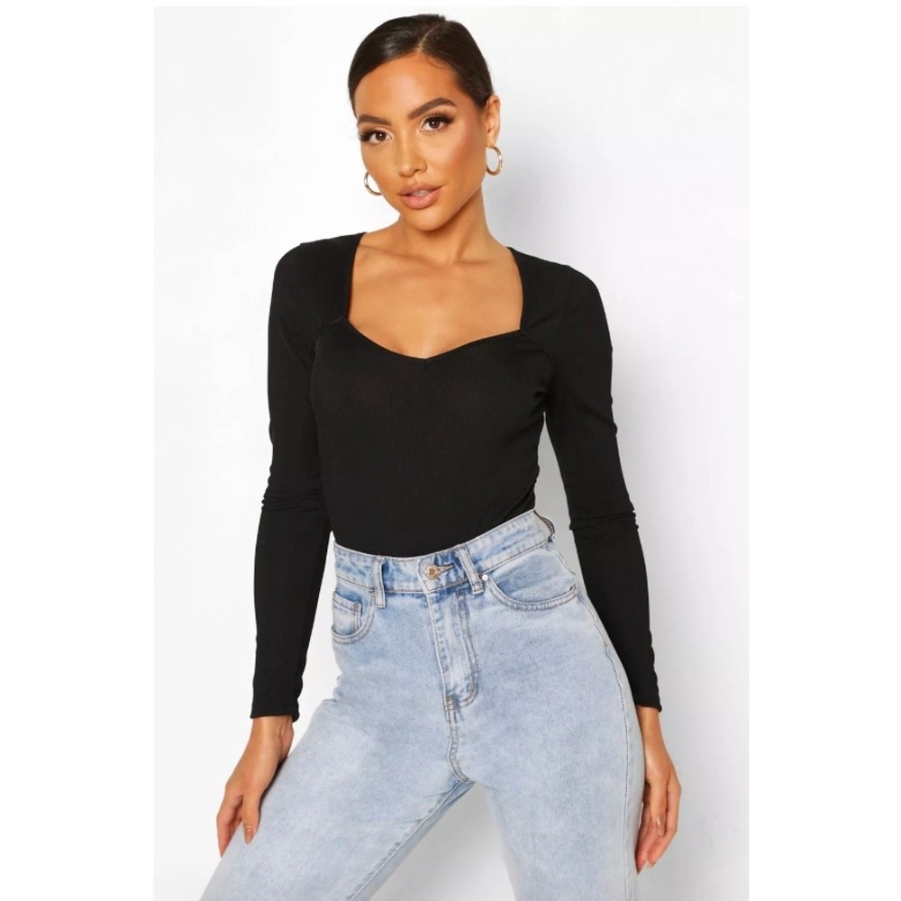 Missguided Petite NWT Black Sweetheart Neck Long Sleeve Ribbed Bodysuit,‎ Size 8